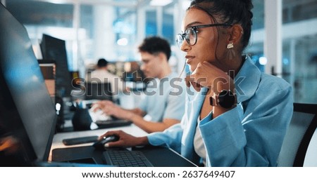Computer, programmer and thinking with woman in office for game designer, coding idea and ux update. Software development, reflection and level gameplay with employee in agency for coworking project