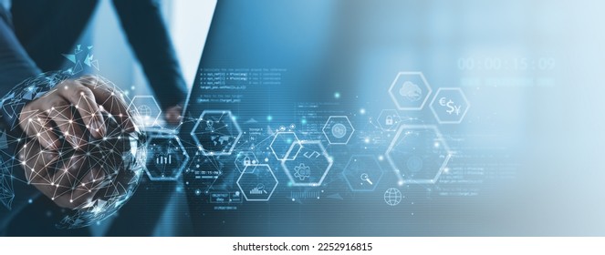 Computer programmer working on laptop with global business network and data exchange, Data science technology, global internet network connection on Digital networking. software development technology