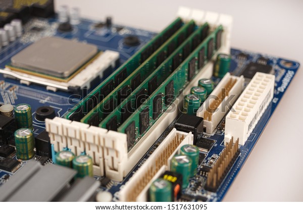 computer RAM, system, main memory, random\
access memory, onboard, computer detail, close-up, high resolution,\
installed on socket of\
motherboard