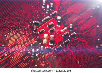Computer red electronic microcircuits concept background macro closeup