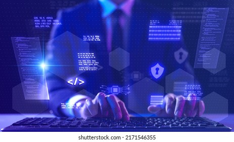 Computer science programmer coding cybersecurity program, secure payment internet banking data transfer futuristic background cryptocurrency decentralized finance coding graphic
