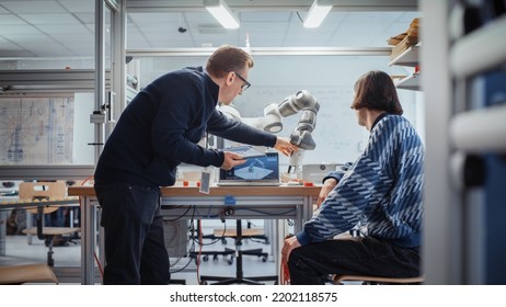 Computer Science Specialist Discuss Optimisation of Autonomous Manufacturing Facility with Chief Engineer and Developing Program for Motion of Robotic Arm. Innovative Startup Company.