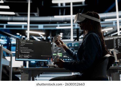 Computer scientist in data center using VR headset run artificial intelligence and machine learning processes. Server room IT expert using AI tools and virtual reality technology