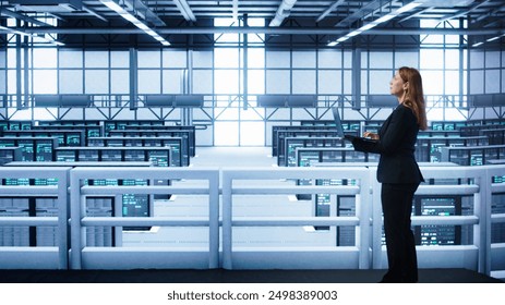 Computer scientist doing maintenance, inputting data on laptop of needed fixes in server hub. Person working in data center housing data storage gear supporting IT workloads, camera B
