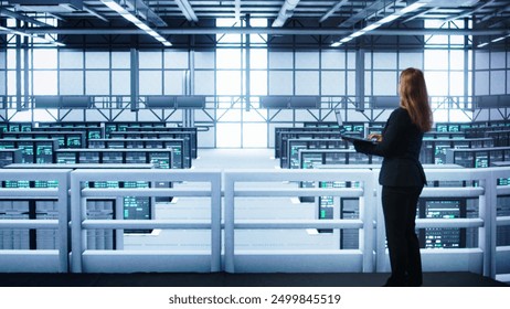 Computer scientist doing maintenance, inputting data on laptop of needed fixes in server hub. Person working in data center housing data storage gear supporting IT workloads, camera B - Powered by Shutterstock - Get 15% off with code: PIKWIZARD15