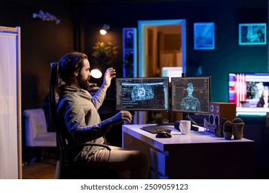 Computer scientist getting scared after AI becomes sentient, afraid of it spiraling out of control and dooming humanity. IT professional in home office worried by conscious artificial intelligence