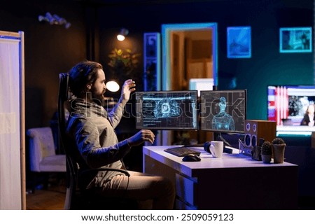 Computer scientist getting scared after AI becomes sentient, afraid of it spiraling out of control and dooming humanity. IT professional in home office worried by conscious artificial intelligence