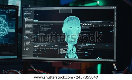 Computer scientist researching brain machine transferring, conducting experiments to achieve transcendence. Man merging mind with AI, uploading consciousness, trying to become cyborg, camera B
