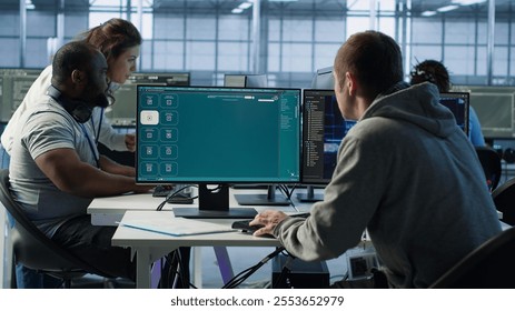 Computer scientist in server room making software producing AI generated videos. IT specialist building artificial intelligence diffusion model app turning text prompts into clips, camera A - Powered by Shutterstock - Get 15% off with code: PIKWIZARD15