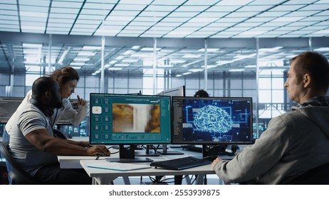 Computer scientist in server room making software producing AI generated videos. IT specialist building artificial intelligence diffusion model app turning text prompts into clips, camera B