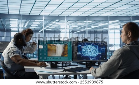 Computer scientist in server room making software producing AI generated videos. IT specialist building artificial intelligence diffusion model app turning text prompts into clips, camera B
