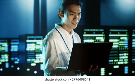 Computer scientist strolling through server rows providing processing resources for different workloads, system administrator monitoring supercomputers tasked with solving complex operations.