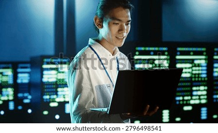Computer scientist strolling through server rows providing processing resources for different workloads, system administrator monitoring supercomputers tasked with solving complex operations.