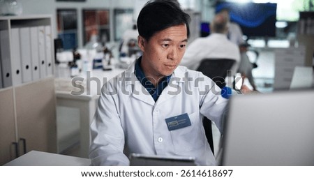 Computer, scientist and thinking with man in laboratory for healthcare, medical research or test results. Technology, tablet and study with biologist in clinical trial for pharmaceutical development