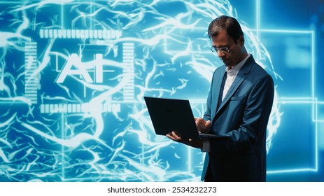 Computer scientist using laptop to implement artificial intelligence parallel processing, breaking up complex computational tasks enabling AI systems to process more input data faster, camera A