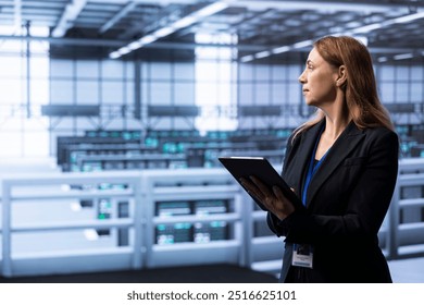 Computer scientist walking between server rows in data center, doing yearly infrastructure inspection. Employee in high tech server room facility monitoring supercomputers equipment with tablet