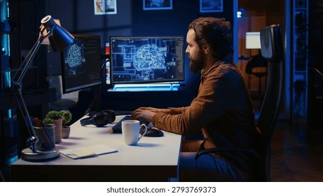 Computer scientist writes code on PC to visualize artificial intelligence neural networks. Remote IT worker runs AI script for information processing from personal office.