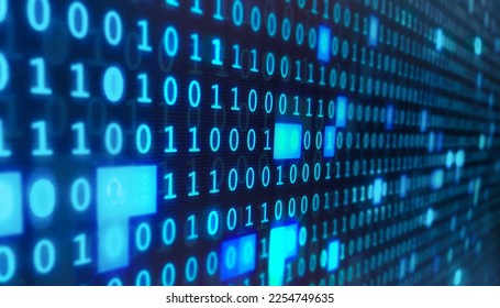 computer screen with blue digital binary data, hacking, hacker