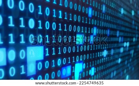 computer screen with blue digital binary data, hacking, hacker