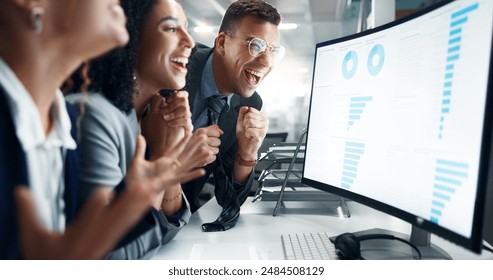 Computer screen, chart or excited business people in office for data analytics, finance and sale profit celebration. Startup, success or accounting team with graph, statistics and website traffic win - Powered by Shutterstock