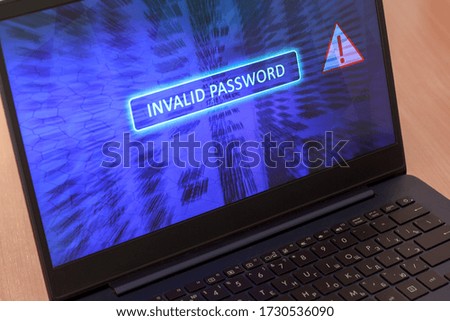Computer screen concept with password entry error. Invalid password on blue background. Red warning triangular icon. Horizontal.