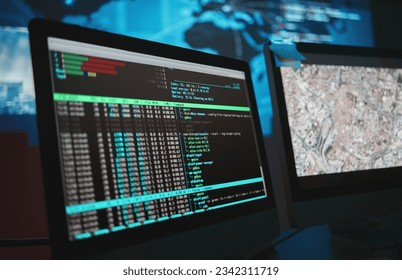 Computer screen, cybersecurity and technology background for surveillance, data analytics and worldwide coding. Gdpr, html hacking and satellite software development on monitor, global map and night - Powered by Shutterstock - Get 15% off with code: PIKWIZARD15