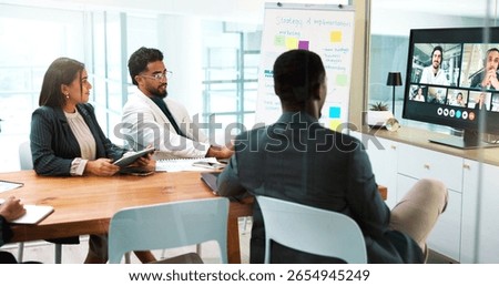 Computer screen, development and video call with business people in office boardroom for webinar. Coaching, display and virtual meeting with employee team in workplace for online seminar or workshop