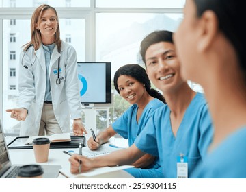 Computer screen, development or workshop and doctor in hospital boardroom with nurse students. Coaching, development and seminar with people in clinic for healthcare, consulting or medical internship