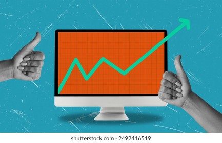 A computer screen displaying a green line graph that is trending upward. An arrow pointing upward is extending from the graph. Two hands are giving thumbs up gestures on either side of the screen. - Powered by Shutterstock