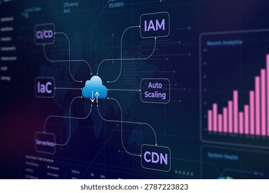 A computer screen displays a cloud computing workflow diagram