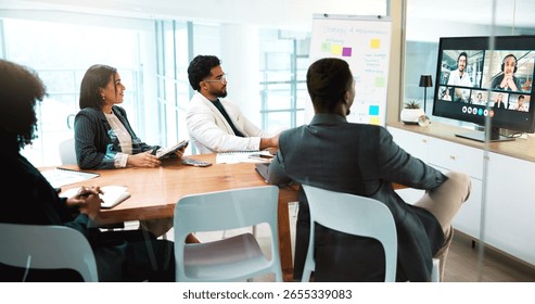 Computer screen, feedback and video call with business people in office boardroom for webinar. Display, review and virtual meeting with employee team in workplace for online seminar or workshop