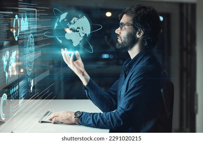 Computer screen, global hologram and man with business data analytics, globe networking and worldwide software 3D. holographic, digital analysis and information technology of person on night desktop
