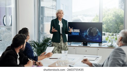 Computer screen, global trade and presentation with business people in office boardroom for investment. Meeting, pitch and proposal with corporate team in workplace for financial training course