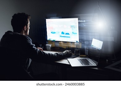 Computer screen, hacking and man with programming overlay for firewall, password and cybersecurity. Software, data analysis and hacker with coding, connectivity and network access for internet crime. - Powered by Shutterstock