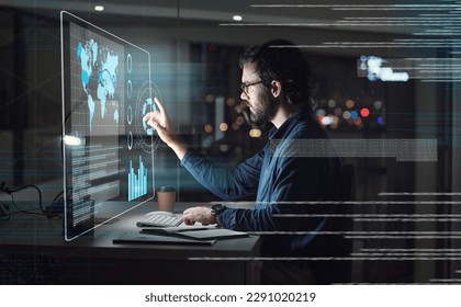 Computer screen, hologram and business man with digital data analysis, global coding and programming at night. holographic, software overlay of IT person, information technology research and desktop - Powered by Shutterstock