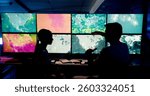 Computer, screen and maps with people in control room for storm tracking, satellite forecast or planning weather pattern. Back, meteorology team or radar data for climate monitor, silhouette or night