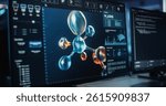 Computer Screen with Molecular Modelling Software Simulating Proteins, Designing New Gene Structure, Visualizing DNA Chemical Reactions and Source Code. Gene Editing Healthcare Technology Concept