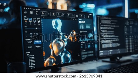 Computer Screen with Molecular Modelling Software with Animated Chemical and Biological Structures are Managed. Close Up on Screen of a Person Working on Computer