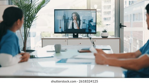 Computer, screen and nurses in meeting for learning, video call and listening to administrator in clinic. Monitor, education or webinar for schedule of training session, intern or people in hospital