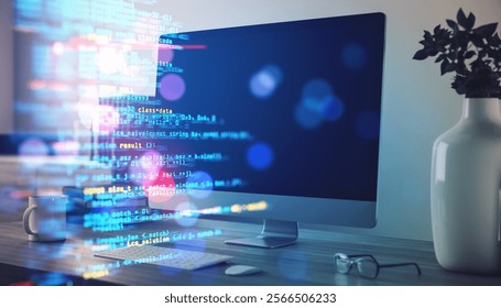 Computer screen with programming code overlay, desk setup with a mug and vase in a modern office, concept of technology and development