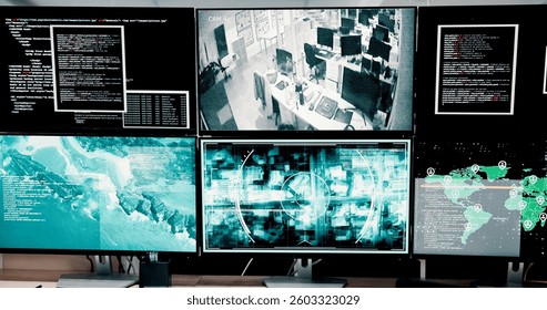 Computer, screen and satellite for global security of crime surveillance, coding and monitor worldwide. Online, map and location for war investigation, programming and script update of law protection
