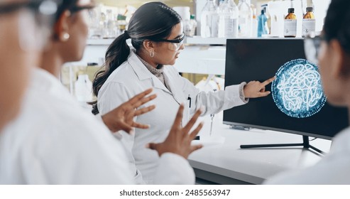 Computer screen, science and virus with lab team at work together for breakthrough or discovery. Investigation, influenza and research for pharmaceutical development with scientist group at work