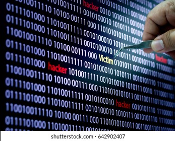 Computer screen shot with binary code and hacker text, great concept for technology computer and online security,Protect victim