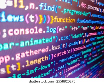 A computer screen showing random scripts and programming code. Grow up coins for investment and saving concept. Failed reading data. Abstract background of digital binary code of software.