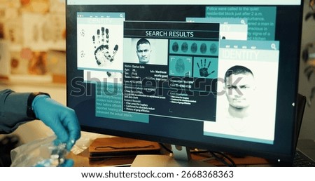 Computer screen, suspect or hands of detective with evidence for crime, DNA lead or investigation. Private investigator, person or criminal profile for digital forensics, arson or database comparison