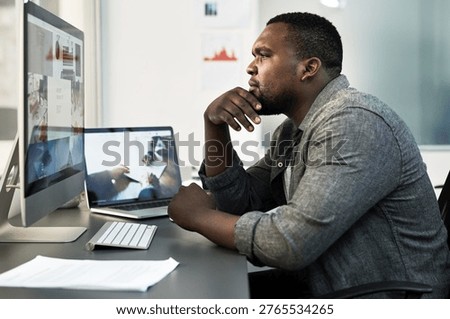 Computer screen, thinking and web design with black man in office for problem solving or solution. PC, reading and review with African developer at desk in creative workplace for ideas or planning