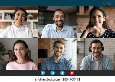 Computer screen web camera view happy multiracial millennial friends or colleagues communicating distantly, chatting in group conference video call from home or enjoying online training seminar. - Shutterstock ID 1854700471