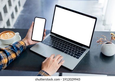 Computer Screen,cell Phone Blank Mockup.hand Woman Work Using Laptop Texting Mobile.with White Background For Advertising,contact Business Search Information On Desk In Cafe.marketing,design