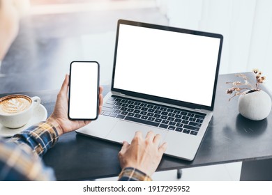 Computer Screen,cell Phone Blank Mockup.hand Woman Work Using Laptop Texting Mobile.with White Background For Advertising,contact Business Search Information On Desk In Cafe.marketing,design