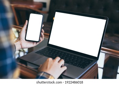 Computer Screen,cell Phone Blank Mockup.hand Woman Work Using Laptop Texting Mobile.with White Background For Advertising,contact Business Search Information On Desk In Cafe.marketing,design